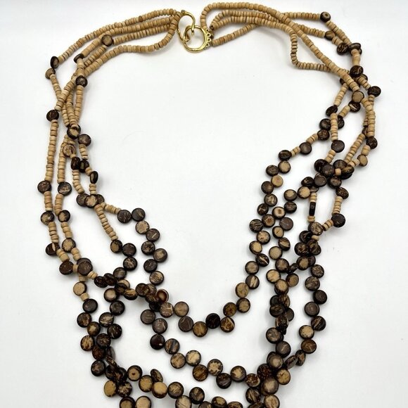 Boho Multi-Strand Coconut Shell and Wood Bead Necklace Gold Tone Clasp VTG - Picture 2 of 5